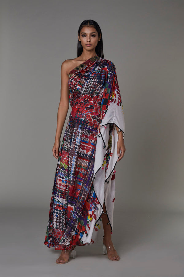 Saaksha & KinniÂ    I   AK print one shoulder kaftan dress with embroidery Cotton Silk Multi SS22041 - Shop Cult Modern