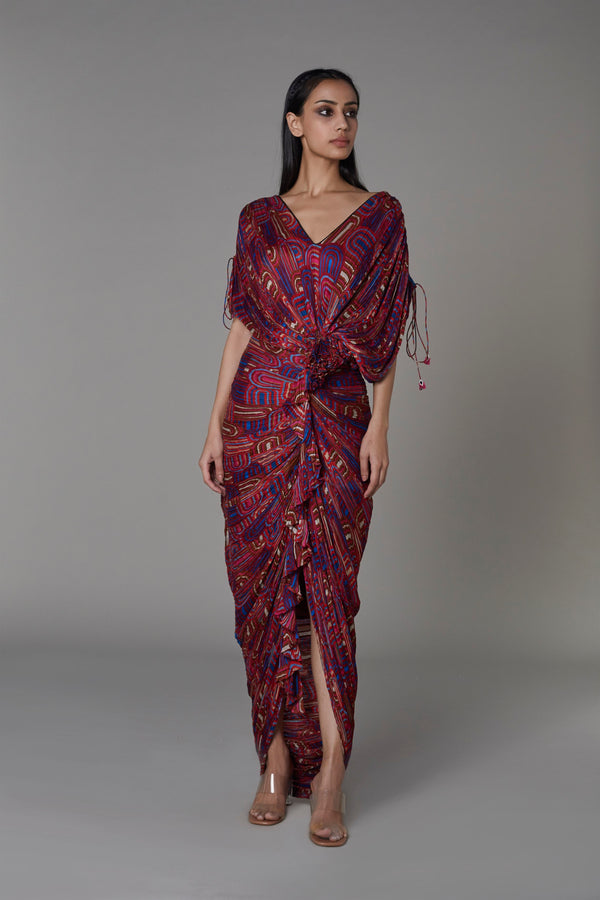 Saaksha & KinniÂ    I   Red semi circle v neck sari dress Cotton Silk Red / Purple SS22032 - Shop Cult Modern