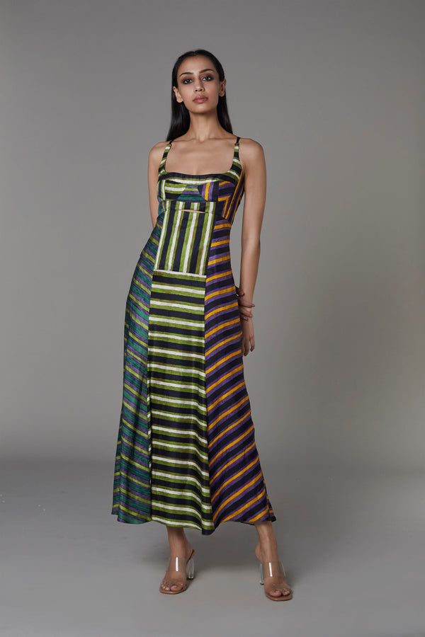 Saaksha & KinniÂ    I   Green/purple, green/black, orange/yellow 3 stripe dress Satin Green / Purple SS22033 - Shop Cult Modern
