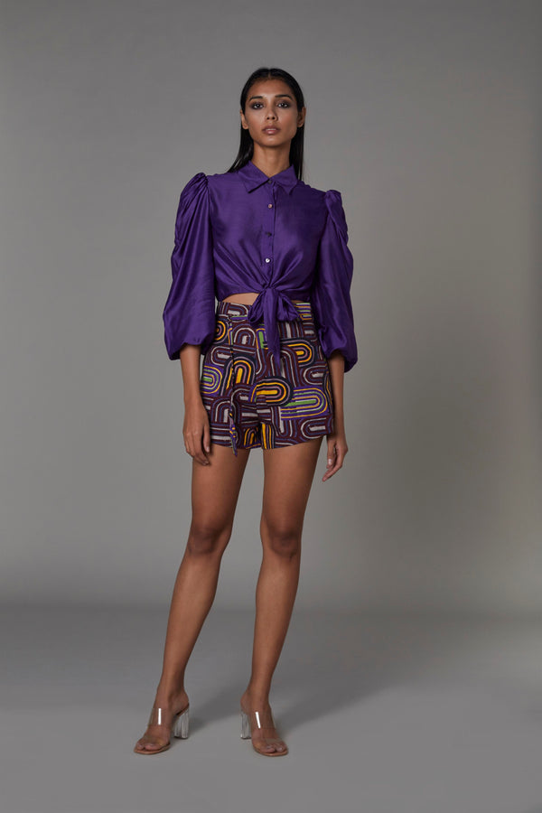 Saaksha & KinniÂ    I   Solid purple non-print knot shirt

Purple semi circle shorts Blouse - Cotton Silk

Shorts - Satin Purple   SS22054

  SS22055 - Shop Cult Modern