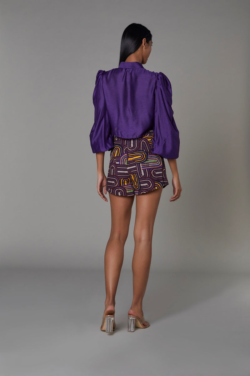 Saaksha & KinniÂ    I   Solid purple non-print knot shirt

Purple semi circle shorts Blouse - Cotton Silk

Shorts - Satin Purple   SS22054

  SS22055 - Shop Cult Modern