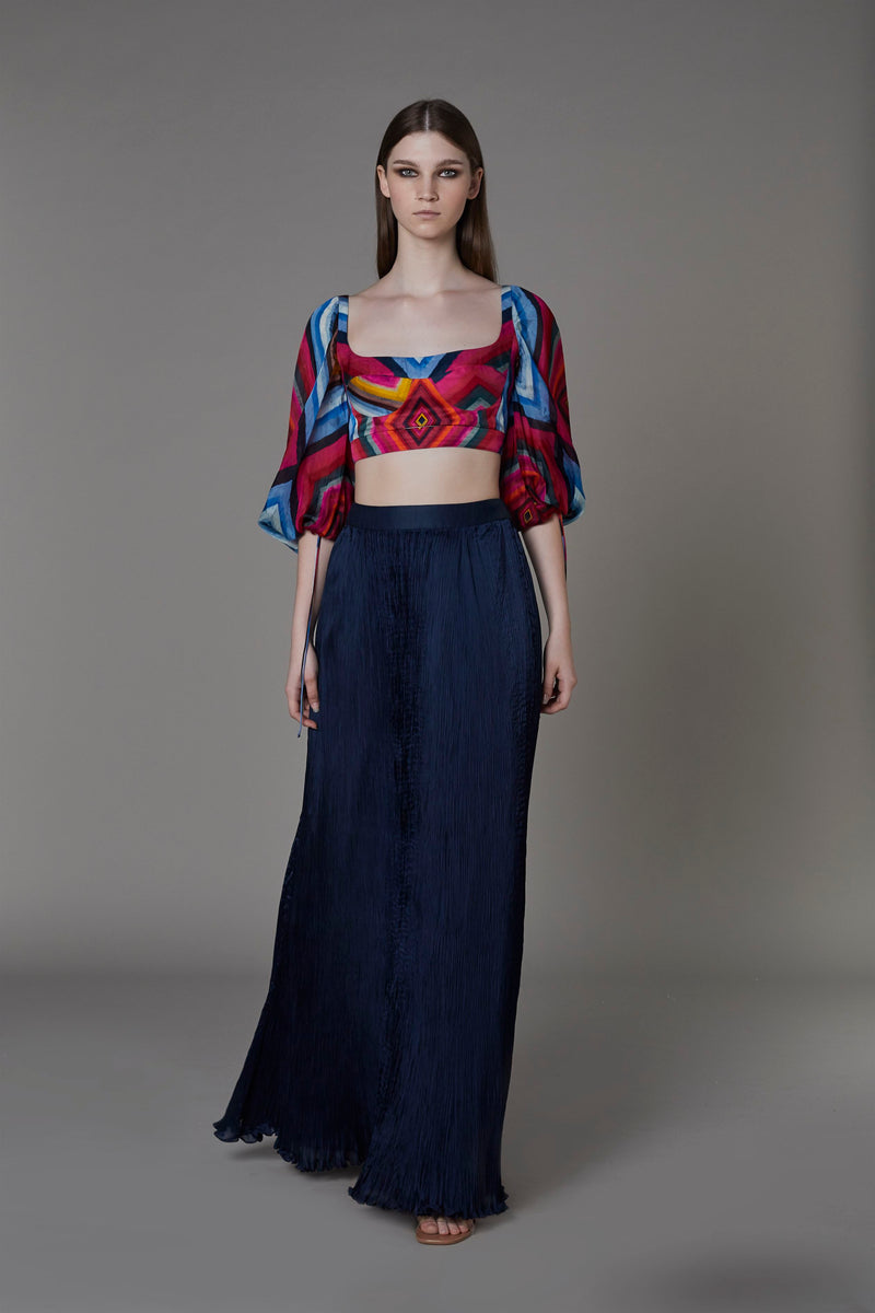 Saaksha & KinniÂ    I   Pink blue big diamond bustier with attached balloon sleeves

Navy blue non print pleated skirt Blouse - Satin

Skirt - Chiffon Blouse - Pink / blue

Skirt - Navy Blue   SS22102

  SS22103 - Shop Cult Modern