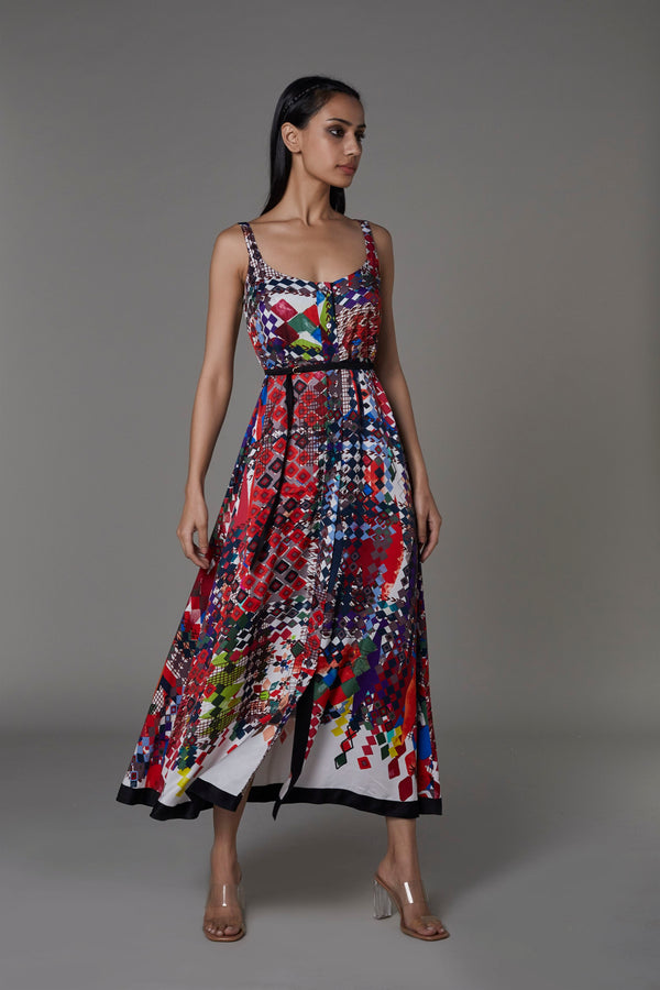 Saaksha & KinniÂ    I   AK print sleeveless summer dress with belt Satin Multi SS22009 - Shop Cult Modern