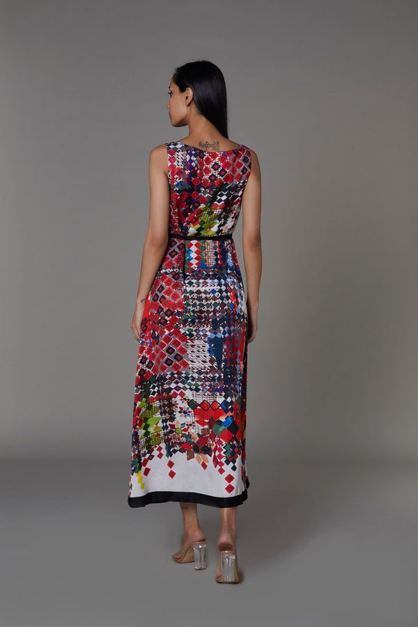 Saaksha & KinniÂ    I   AK print sleeveless summer dress with belt Satin Multi SS22009 - Shop Cult Modern
