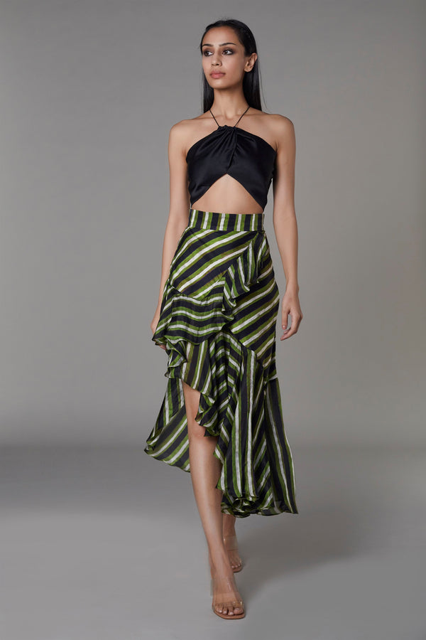Saaksha & KinniÂ    I   Black bralette

Green black stripe asymmetirc frill skirt Bralette - Satin

Skirt - Satin / Chiffon Bralette - Black

Skirt - Green / Black SS22083

  SS22084 - Shop Cult Modern