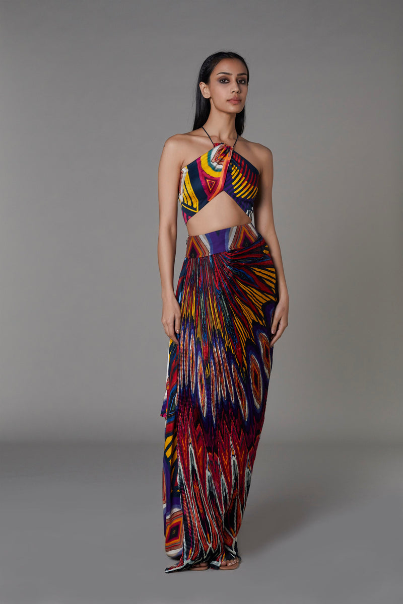 Saaksha & KinniÂ    I   Afghani mix booti bralette

Afghani dhoti skirt

 Bralette - Satin Twill

Skirt - Satin / Chiffon Multi  SS22045

  SS22046 - Shop Cult Modern