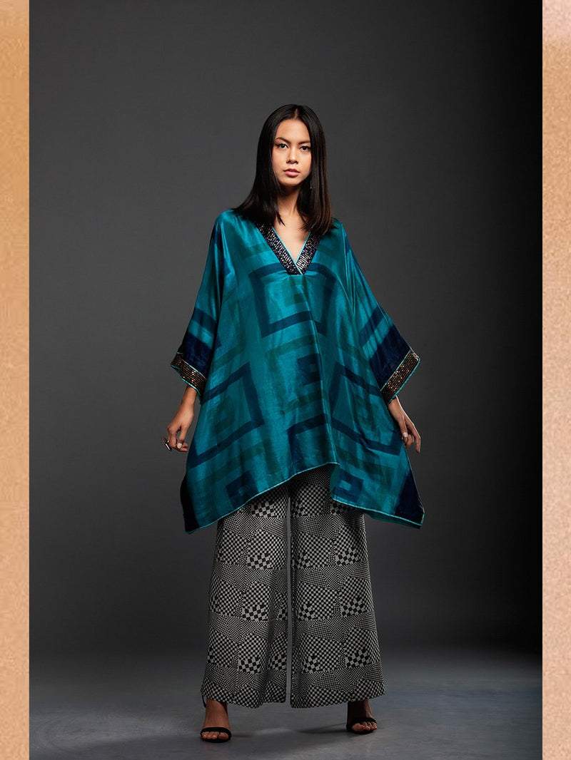 Sanskar by Sonam Dubal - Blue Silk Ikat Kaftan Top - Shop Cult Modern