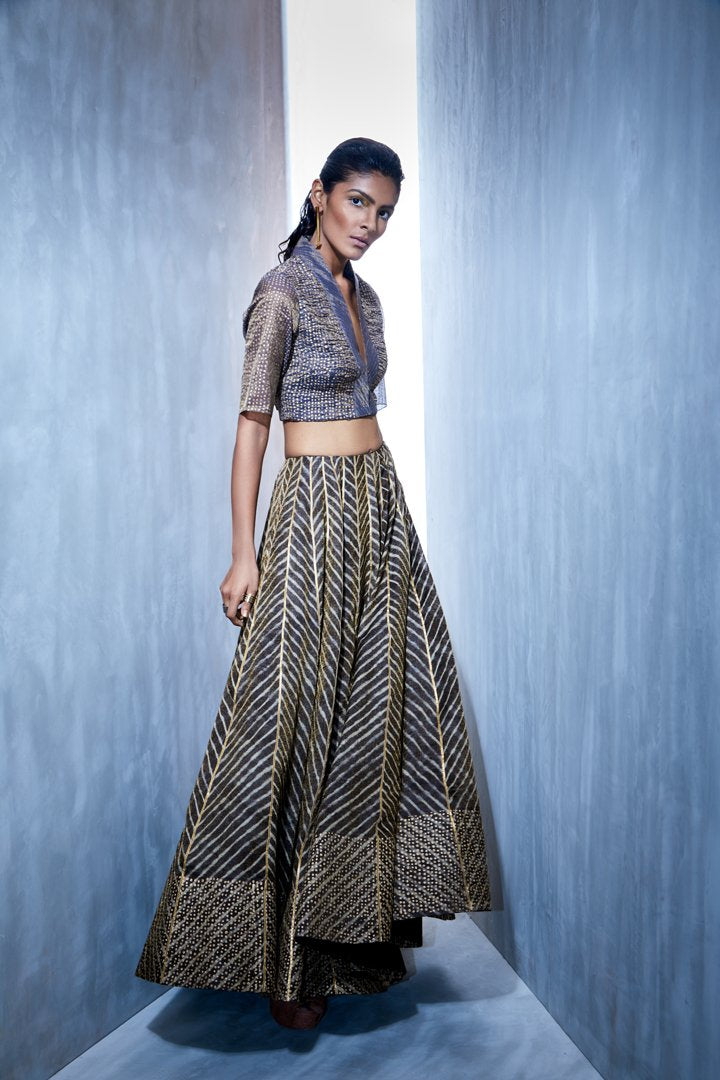 Urvashi Kaur   I   Block Printed Leheria Zari Linen Flared Skirt - Shop Cult Modern