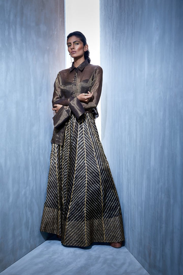 Urvashi Kaur   I   Block Printed Leheria Zari Linen Flared Skirt - Shop Cult Modern