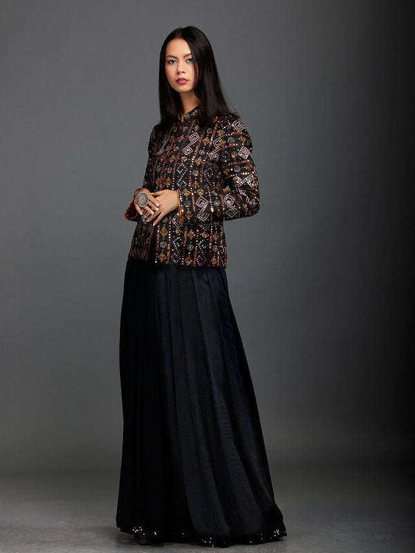 Sanskar by Sonam Dubal - Black Linen Dzong Mirror Embroidery Jacket - Shop Cult Modern