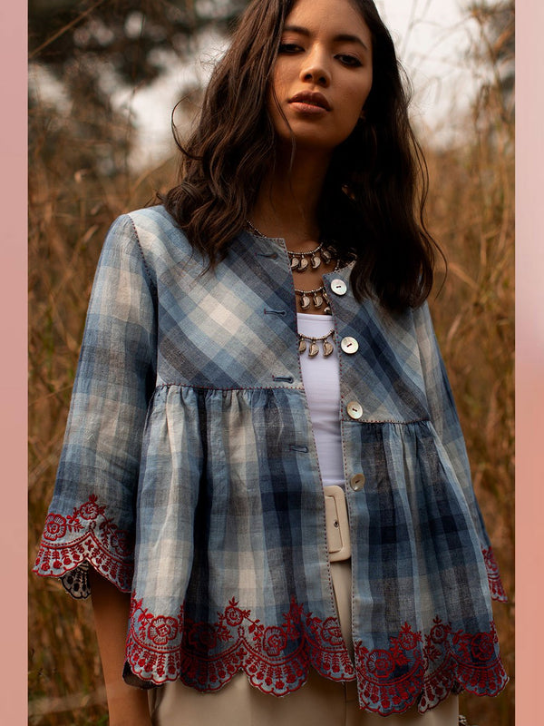 Payal Pratap   -   Short Jacket Collins  I  Ombre Check Jacket With Scallop Embroidery At The Bottom - Shop Cult Modern