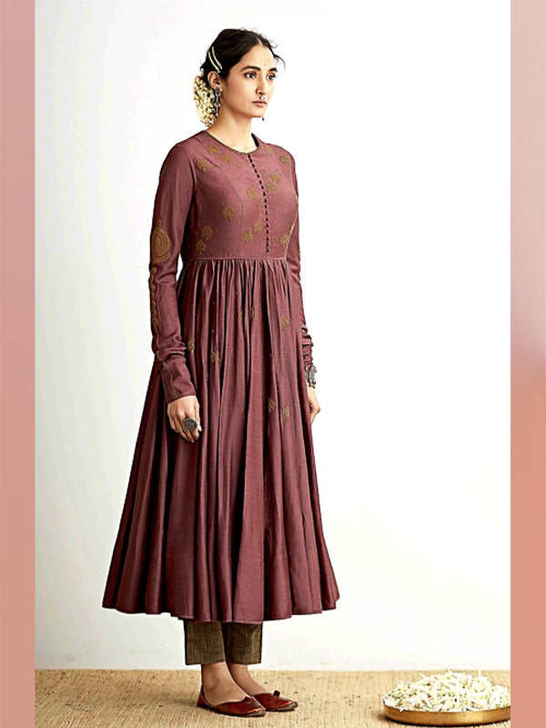 Dhruv Singh   I   kurta-pants-set-of-2-deep-plum-calf-length-kalidar-with-hand-embroidery-black-beige-pants - Shop Cult Modern