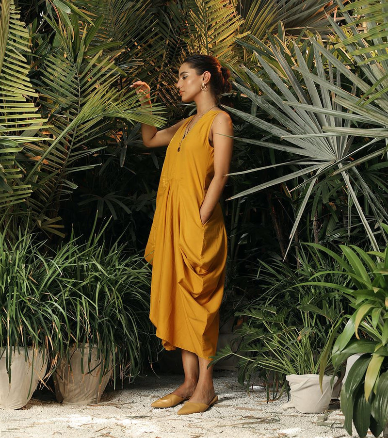 Khara Kapas   -   Dreamtime Story Ochre Side Cowl Dress - Another Day in Paradise - Shop Cult Modern