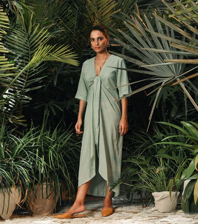 Khara Kapas Here And Now Mint Dress With Front Knot Another, 53% OFF