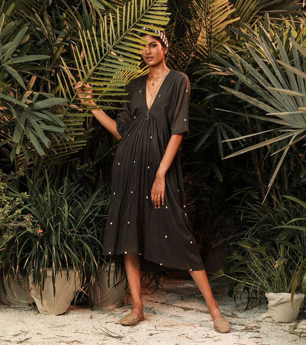 Khara Kapas   -   Nightingale's Song Ruffled Empire Yoke Dress- Charcoal- Another Day in Paradise - Shop Cult Modern