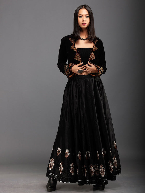 Sanskar by Sonam Dubal - Black Silk Paneled Embroidery Skirt - Shop Cult Modern