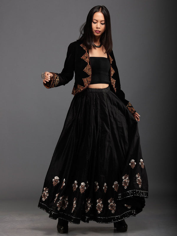Sanskar by Sonam Dubal - Black Silk Paneled Embroidery Skirt - Shop Cult Modern