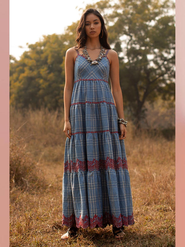 Payal Pratap   -   Dress Jackson  I  Strappy Tiered Maxi Dress With Placement Embroidery All Over - Shop Cult Modern