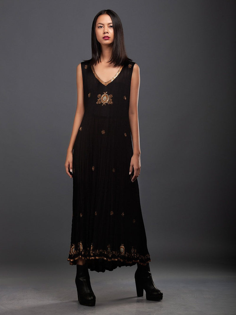 Sanskar by Sonam Dubal - Black And Gold Vintage Rose Embroidery Crush Dress - Shop Cult Modern
