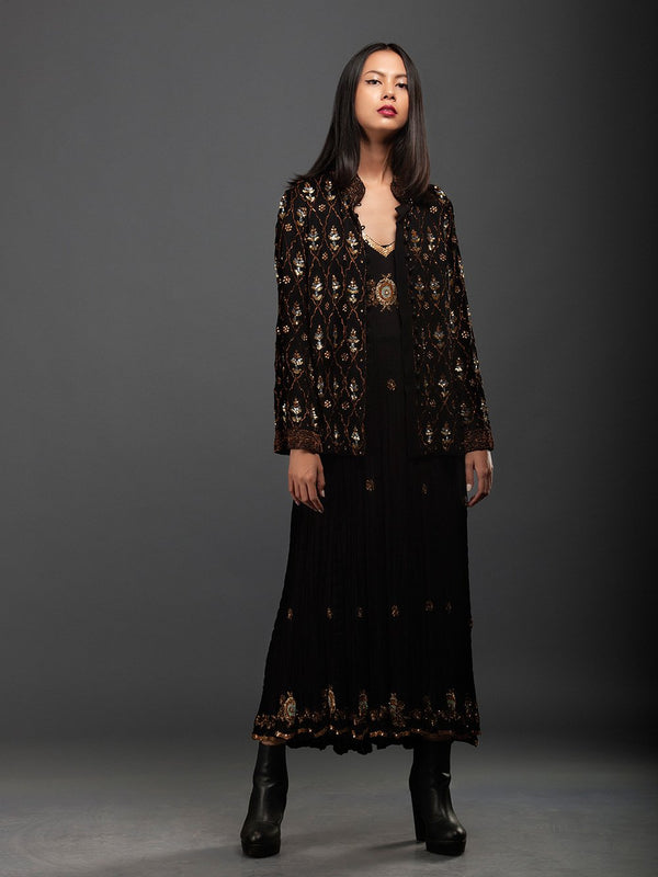 Sanskar by Sonam Dubal - Black Georgette Gold Diamond Flower Embroidery Jacket - Shop Cult Modern