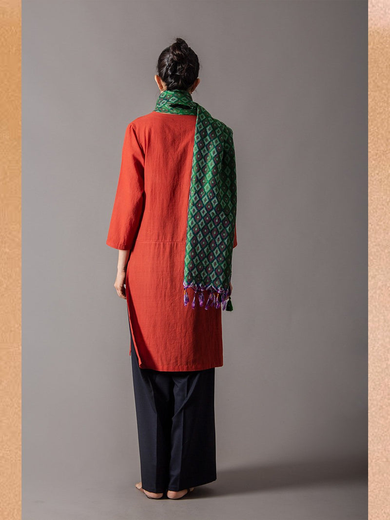 SUKETDHIR   I   SD Andaz V Neck Kurta | Cotton Mul | Rust Embroidery - Shop Cult Modern