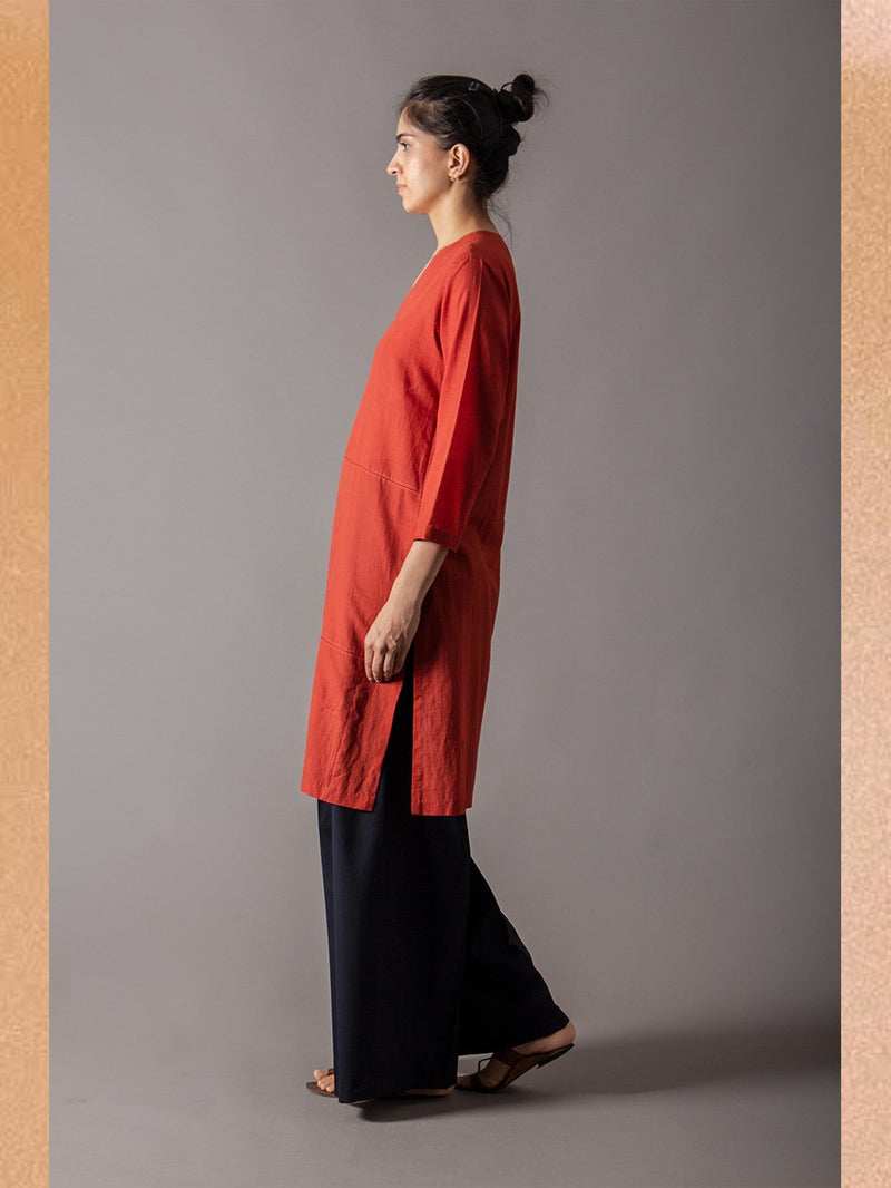 SUKETDHIR   I   SD Andaz V Neck Kurta | Cotton Mul | Rust Embroidery - Shop Cult Modern