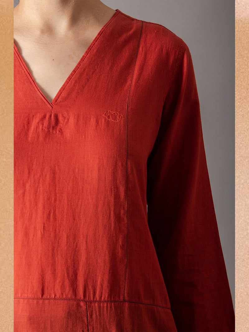 SUKETDHIR   I   SD Andaz V Neck Kurta | Cotton Mul | Rust Embroidery - Shop Cult Modern