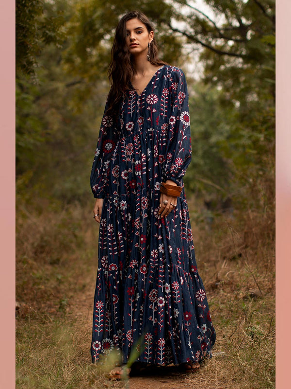 Payal Pratap   -   Dress Casey  I  Chanderi Tiered Dress With Peasant Sleeves And Embroidery All Over - Shop Cult Modern