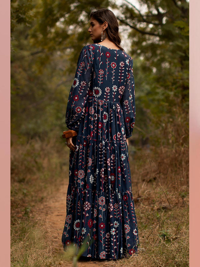 Payal Pratap   -   Dress Casey  I  Chanderi Tiered Dress With Peasant Sleeves And Embroidery All Over - Shop Cult Modern