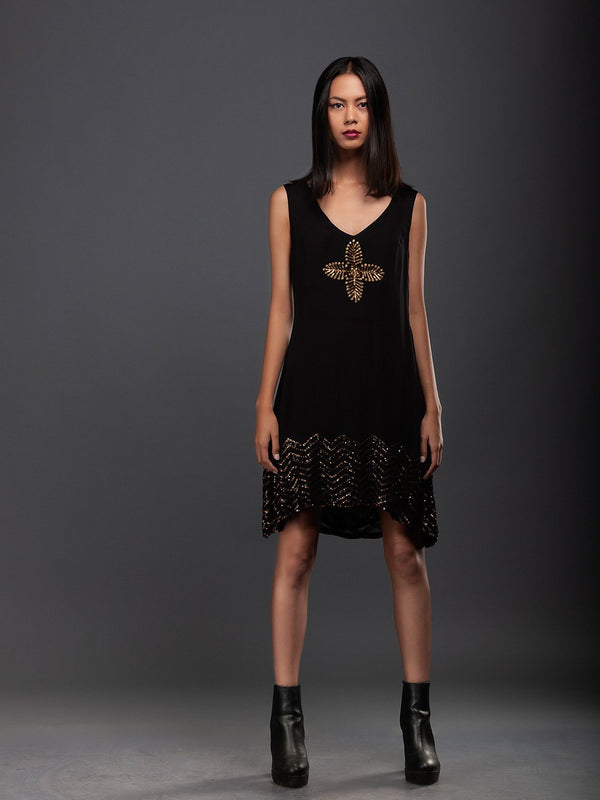 Sanskar by Sonam Dubal - Black Gold Leaf Embroidery Dress - Shop Cult Modern