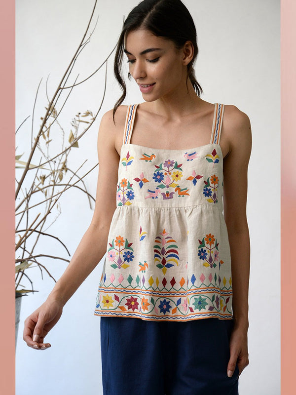 UMBAR by Payal Pratap   I   Top Mudra   I   A Head Turning Sleeveless Embroidered Top With Subtle And Special Multicolour Threadwork Flora And Fauna From The Kutch Region  I  A Summer Essential For When The Mercury Really Starts To Rise - Shop Cult Modern
