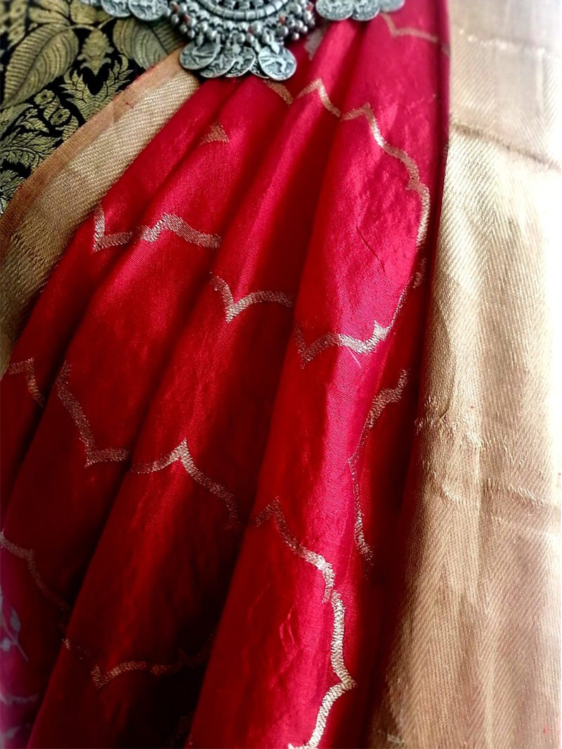Raw Mango - sari-jaal-mogra-zig-zag-handwoven-silk-red - Shop Cult Modern