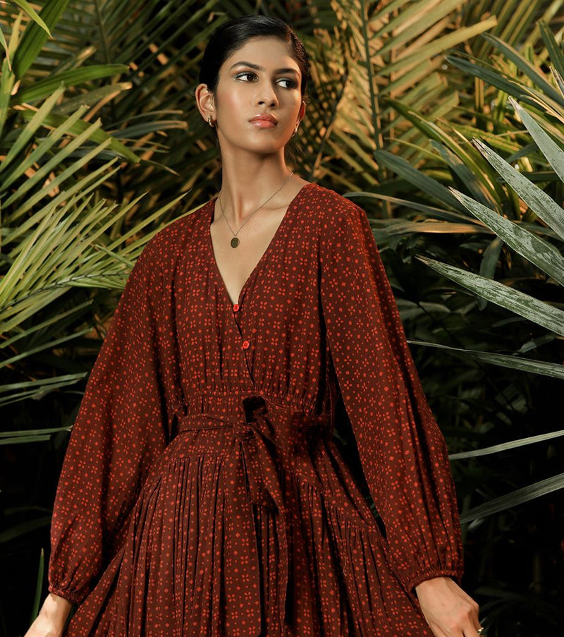 Khara Kapas   -   Dancing Lady Orchid  Maroon printed sliit dress - Another Day in Paradise - Shop Cult Modern
