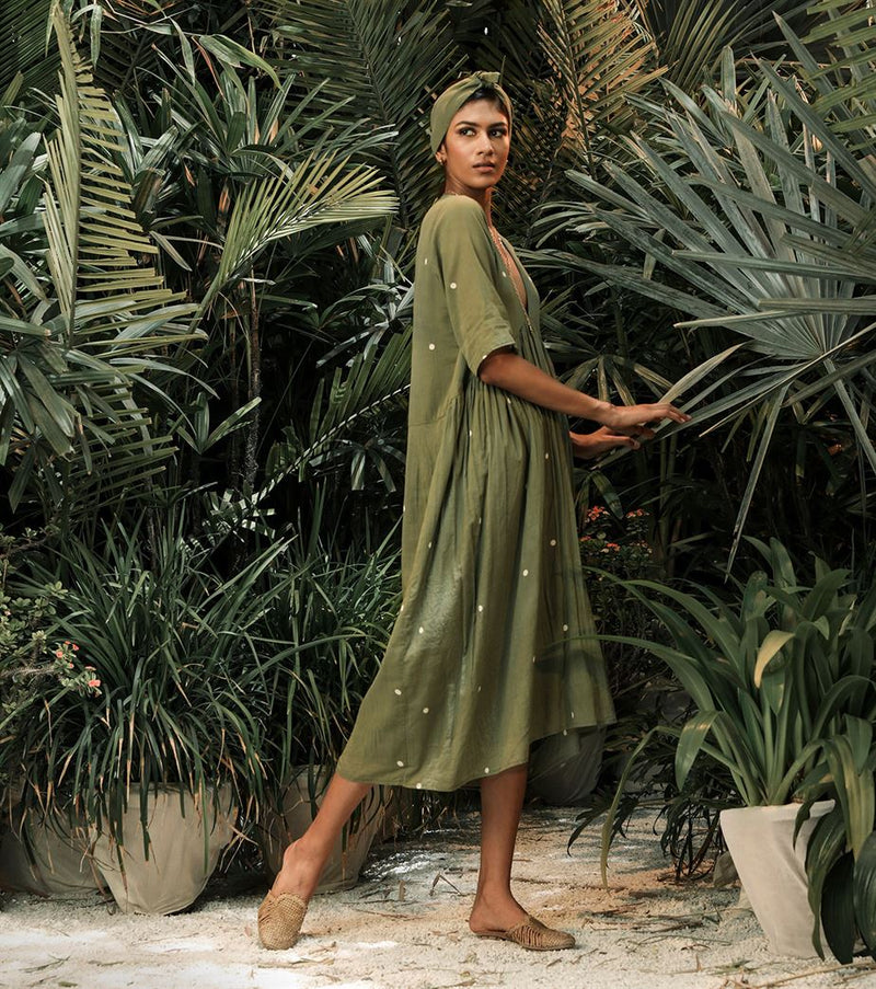 Khara Kapas   -   Dewdrops In The Garden Ruffled Empire Yoke Dress- Sage Green - Another Day in Paradise - Shop Cult Modern