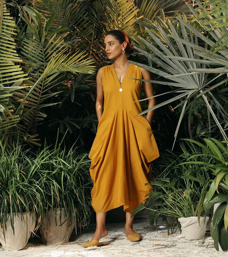 Khara Kapas   -   Dreamtime Story Ochre Side Cowl Dress - Another Day in Paradise - Shop Cult Modern