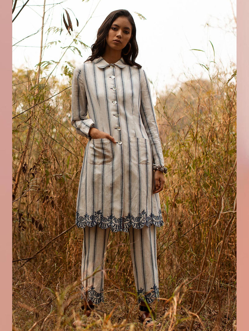 Payal Pratap   -   Jacket Alice  I  Collared Stripe Jacket With Scallop Embroidery At Bottom - Shop Cult Modern