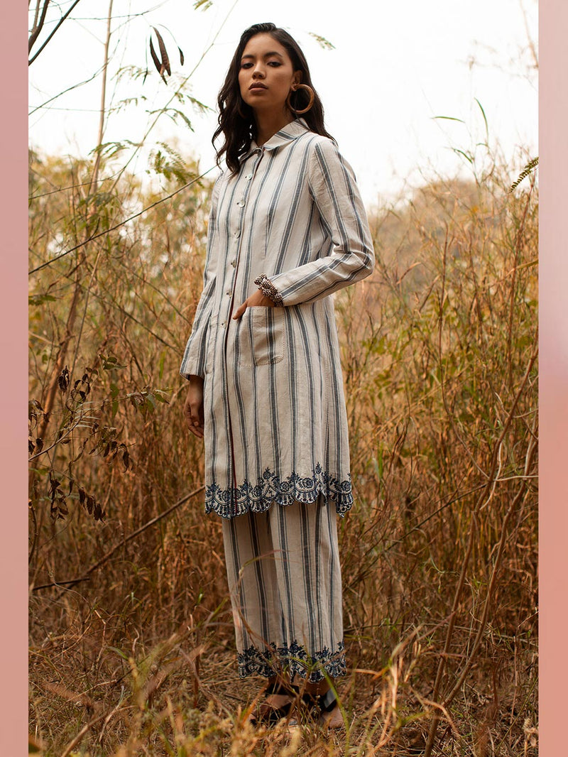 Payal Pratap   -   Jacket Alice  I  Collared Stripe Jacket With Scallop Embroidery At Bottom - Shop Cult Modern