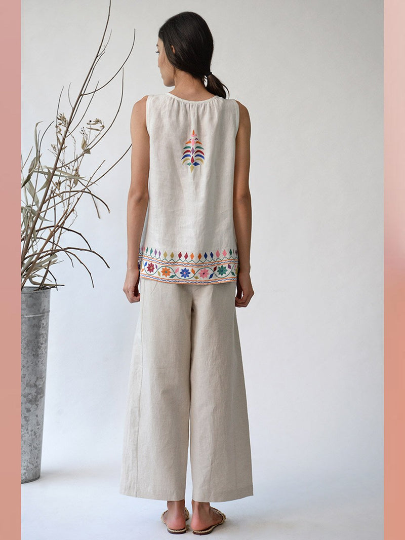 UMBAR by Payal Pratap   I   Top  Sarovar  I  A Tie Up Sleeveless Embroidered Top With Intricate Multicolour Threadwork Patterns Inspired From The Kutch Region  I  A Summer Essential For Your Day Wear And Resort Wardrobe - Shop Cult Modern