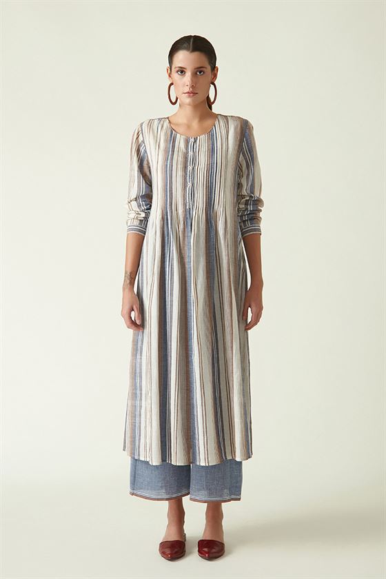 Payal Pratap   I   Yorkville Keith Striped Dress Cotton Handloom Brown/Blue Transition Edit 4SB-111 - Shop Cult Modern