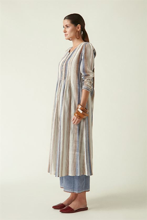 Payal Pratap   I   Yorkville Keith Striped Dress Cotton Handloom Brown/Blue Transition Edit 4SB-111 - Shop Cult Modern
