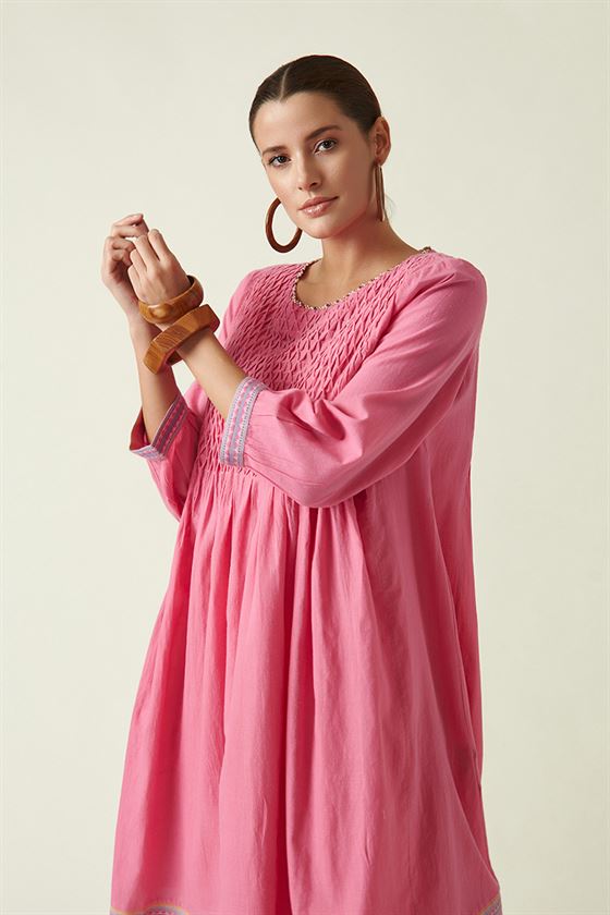 Payal Pratap   I   Dunbar Crifola Smoked Dress with slip (2pcs) Cotton Handloom Pink Transition Edit 4T-2B - Shop Cult Modern