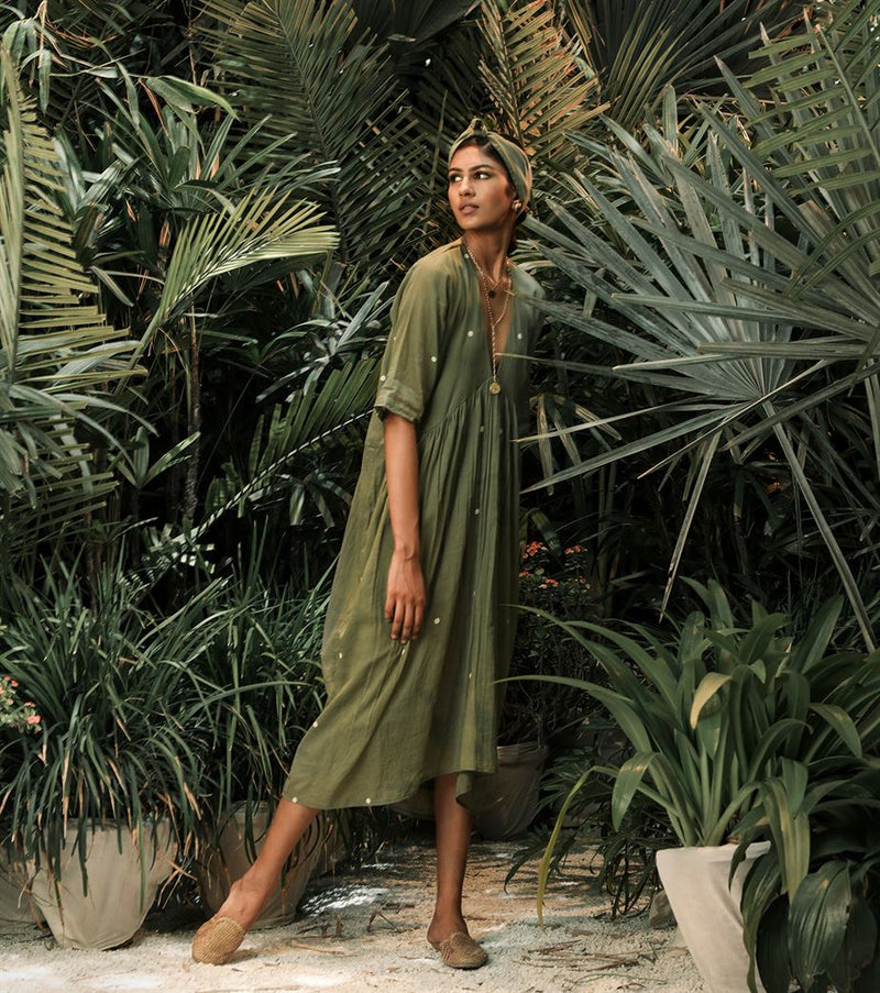 Khara Kapas   -   Dewdrops In The Garden Ruffled Empire Yoke Dress- Sage Green - Another Day in Paradise - Shop Cult Modern