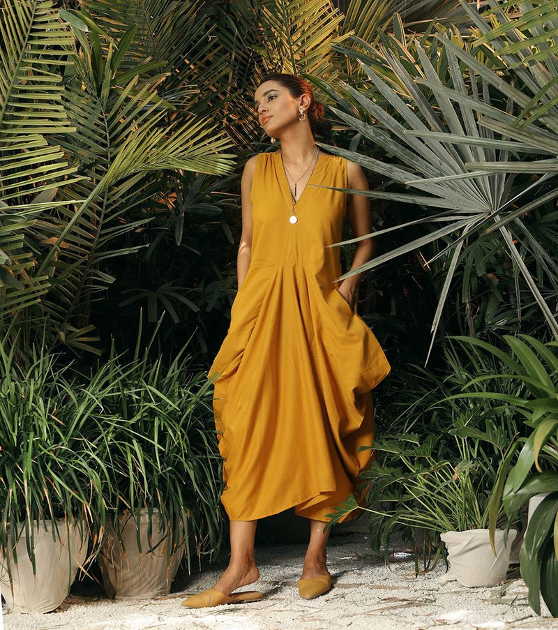 Khara Kapas   -   Dreamtime Story Ochre Side Cowl Dress - Another Day in Paradise - Shop Cult Modern