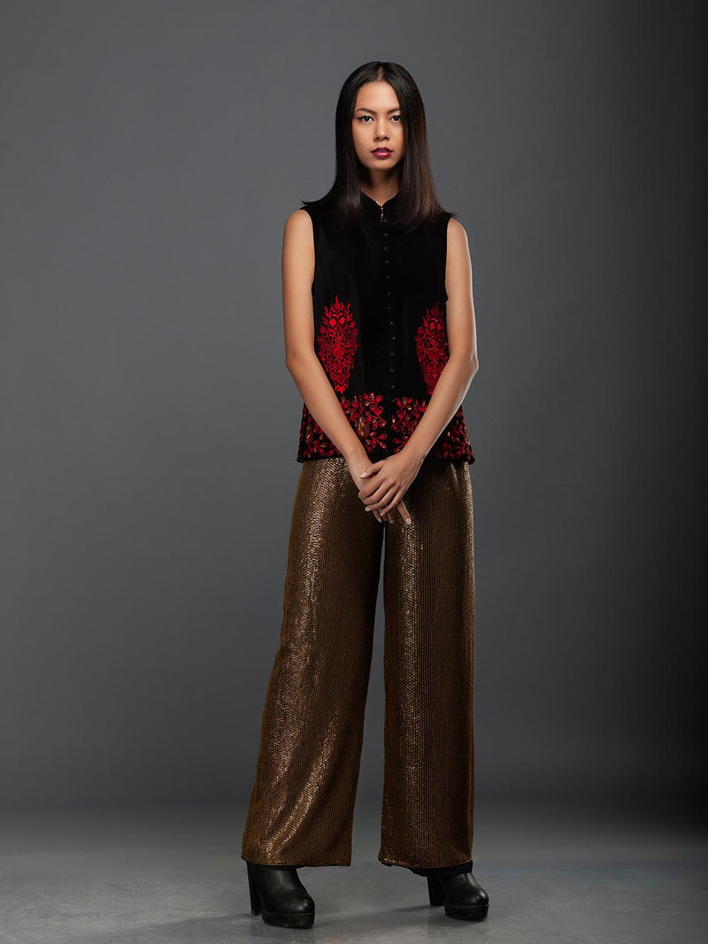 Sanskar by Sonam Dubal - Black And Red Velvet Moghul Embroidery Vest - Shop Cult Modern