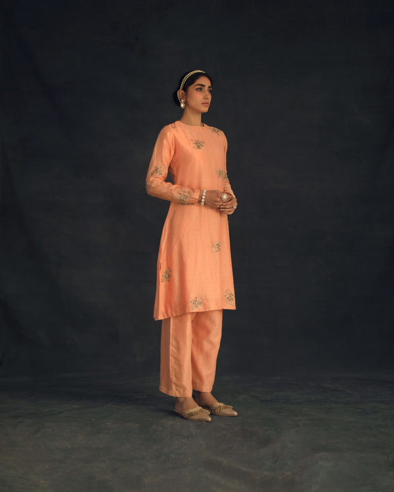 Shikha Mehta Britney Apricot Kaayra Kurta Set Silk Chanderi Peach Hana Ss21F-Ak - Shop Cult Modern