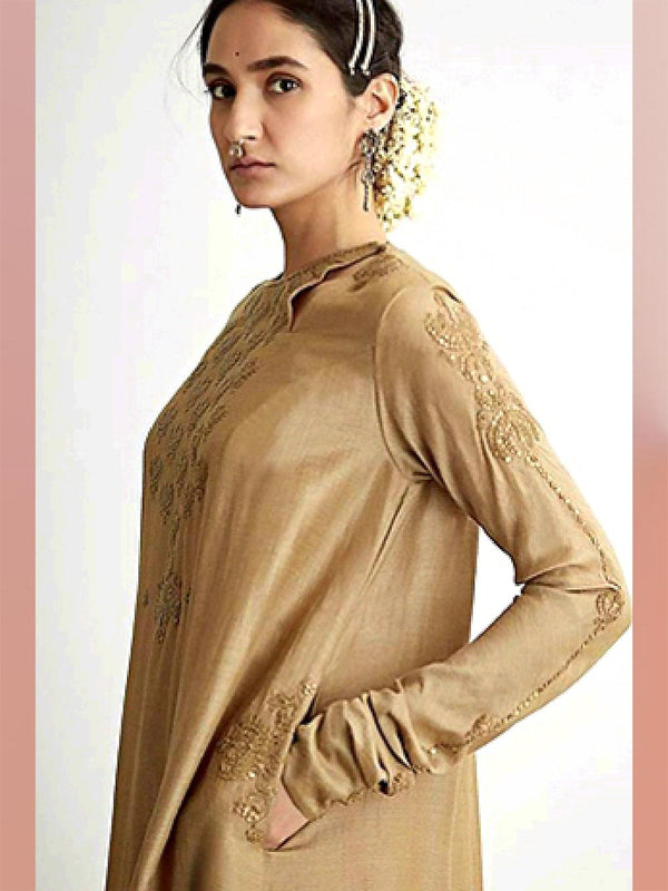 Dhruv Singh   I   kurta-dress-light-olive-calf-length-hand-embroidered-kurta-dress - Shop Cult Modern
