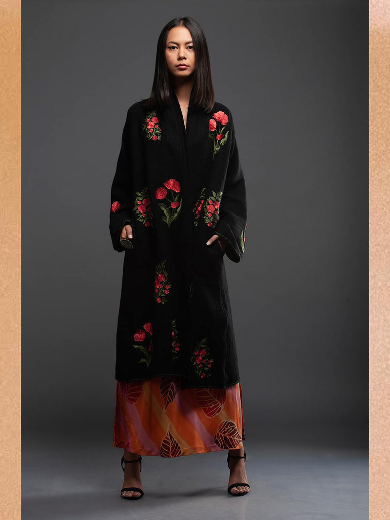 Sanskar by Sonam Dubal - Black Orange Floral Embroidery Boiled Wool Cape - Shop Cult Modern