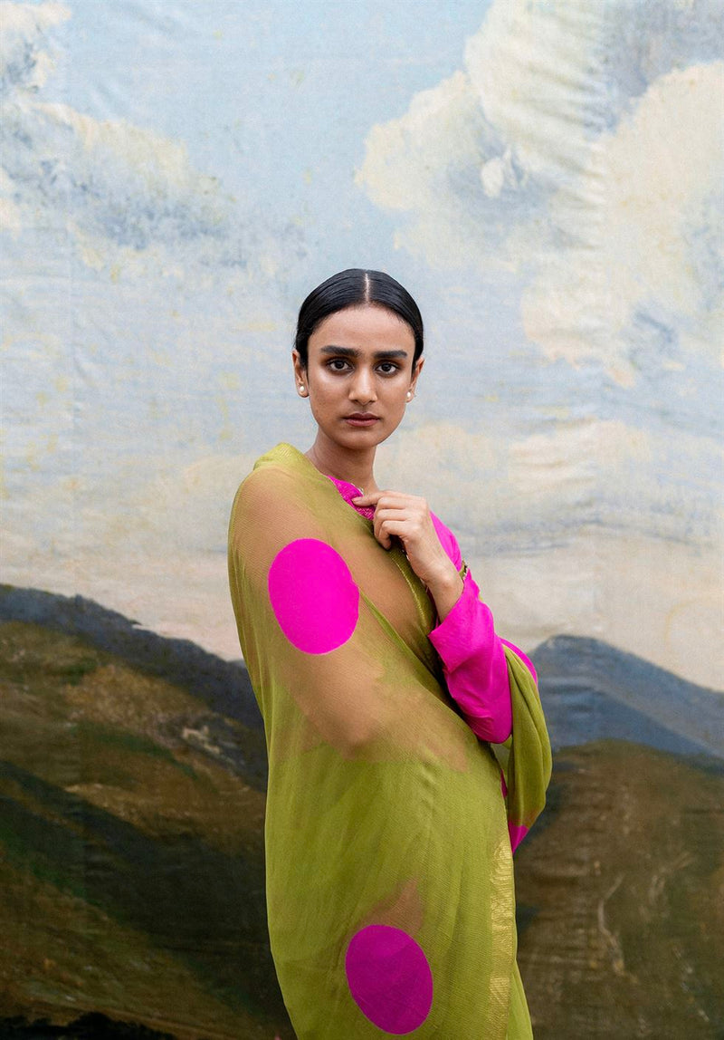 Yam   I   Lucca Limette Saree SAREE Blouse Not Included CHIFFON GREEN An Indian Summer YAMSR09 - Shop Cult Modern