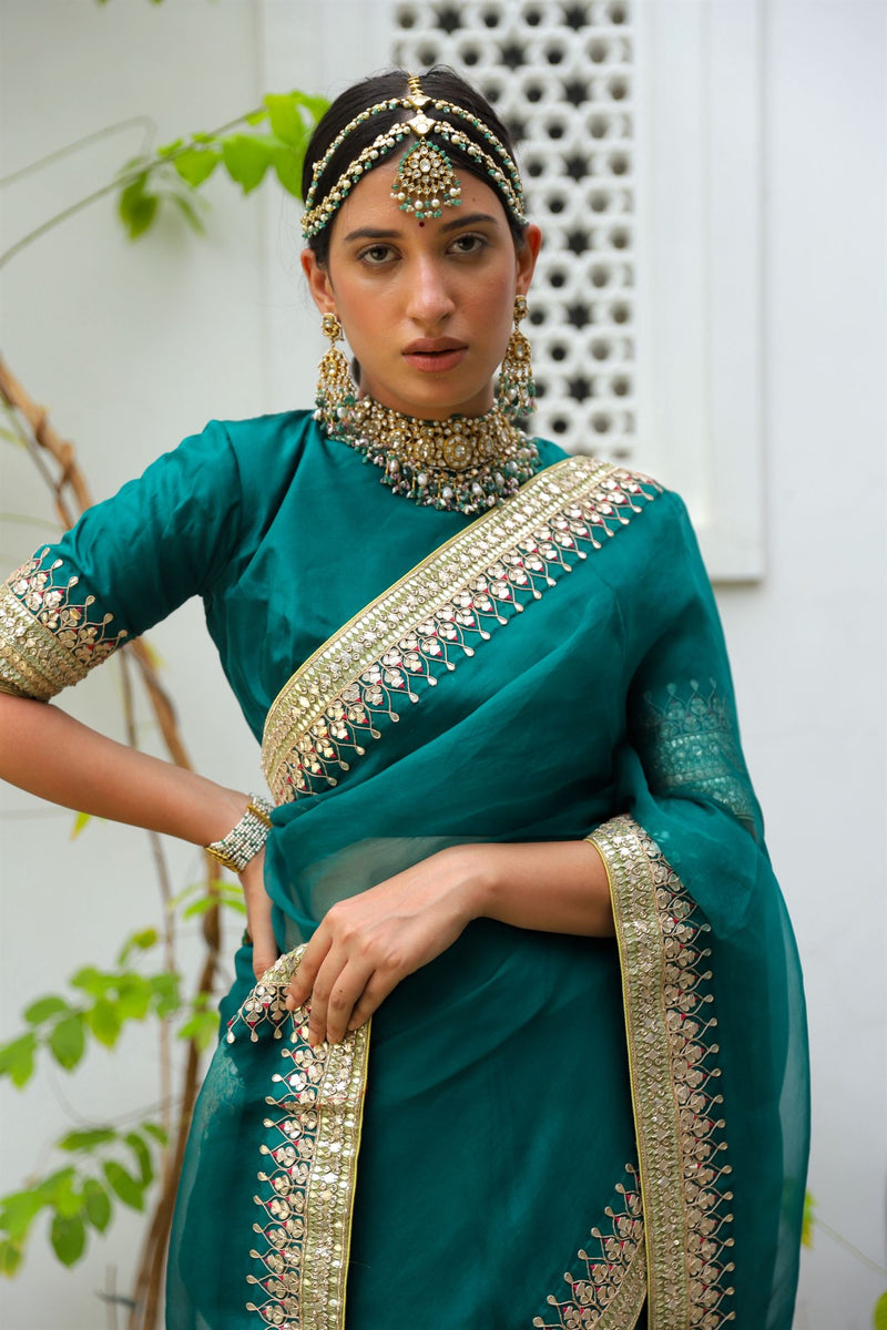 Aarti Sethia Studio    I   Emerald Green Hand Embroidered Gota Patti Bridal saree Set - Shop Cult Modern