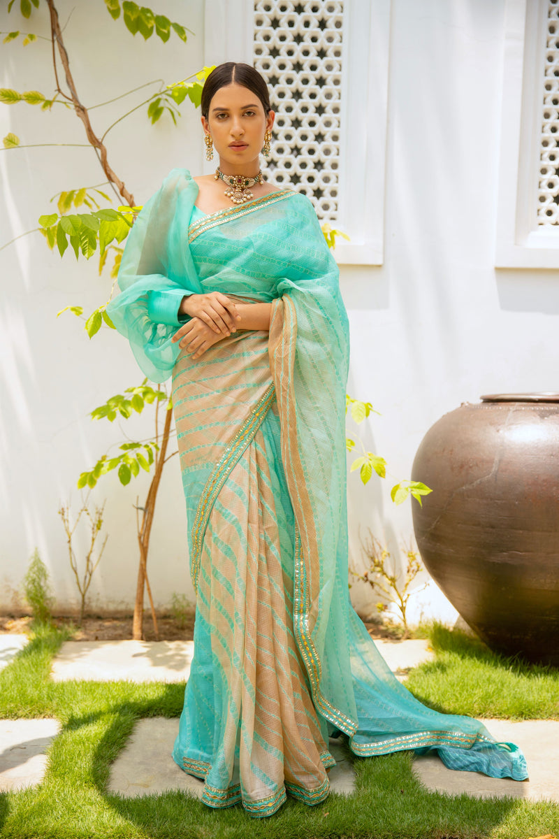 Aarti Sethia Studio    I   Sea Green Hand Embroidered Lahariya Saree Set - Shop Cult Modern